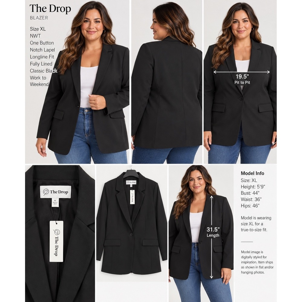 The Drop Black Blazer XL NWT One Button Longline Notch Lapel Work Jacket
